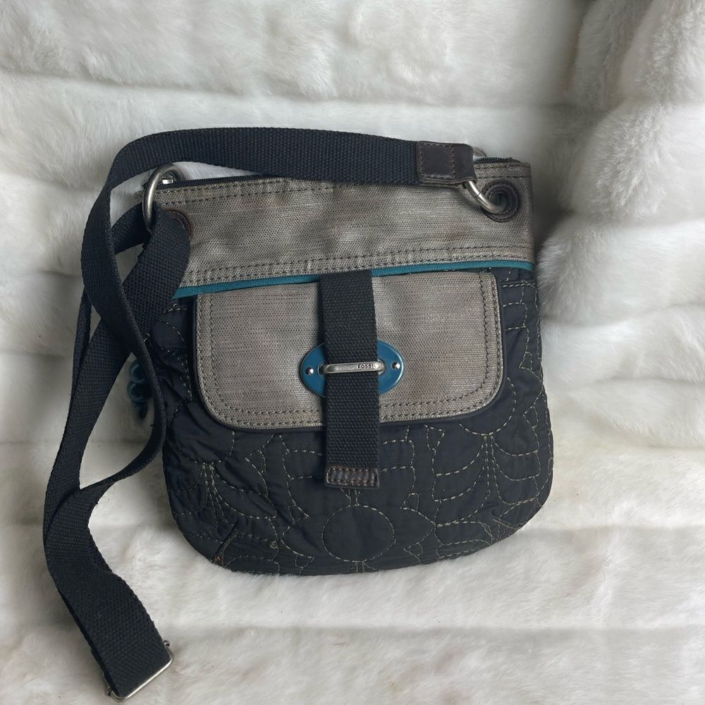 - Fossil Key-Per black quilted fabric ,gray trim and teal accents. Crossbo…